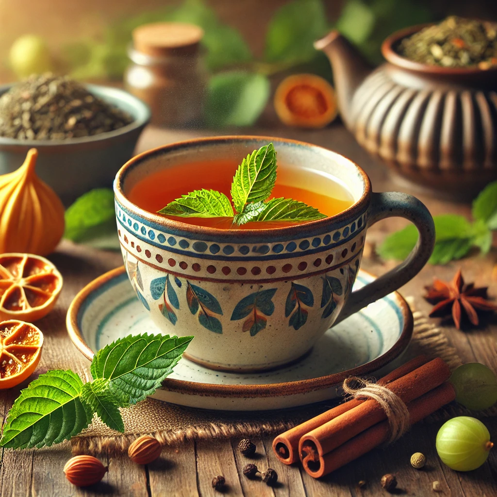 DALL·E 2025-04-03 14.19.05 - A warm cup of herbal tea in a beautifully designed ceramic mug, placed on a wooden table. The tea has a golden hue, with steam gently rising from it.