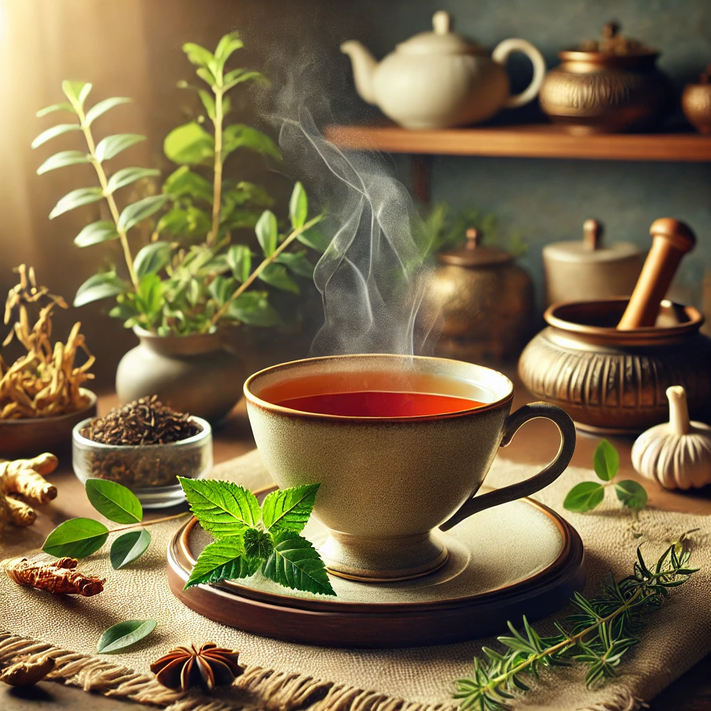 DALL·E 2025-04-03 15.44.46 - A warm cup of herbal Energy Activator Tea in an elegant teacup, surrounded by fresh herbs like ashwagandha, ginseng, and tulsi. The setting is a cozy,