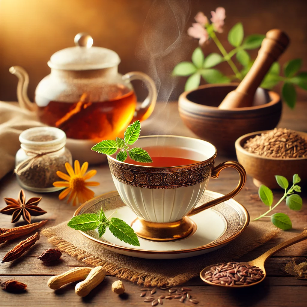 DALL·E 2025-04-03 16.15.17 - A warm cup of herbal Hormone Balancing Tea in an elegant teacup, placed on a wooden table with natural ingredients like ashwagandha, tulsi, licorice r