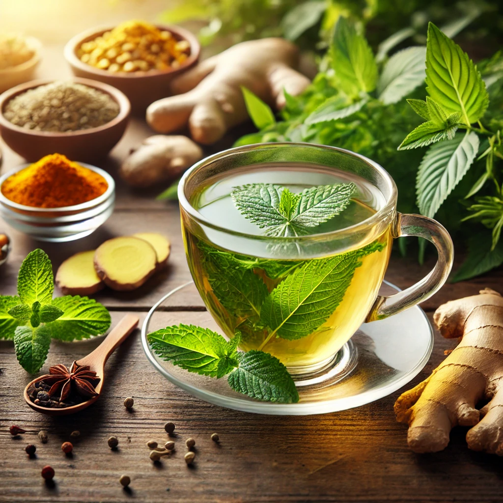 DALL·E 2025-04-03 17.08.20 - A warm cup of herbal Natural Detox Elixir tea in an elegant glass cup, placed on a wooden table with fresh ingredients like tulsi leaves, ginger, turm