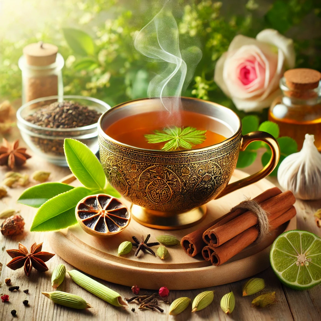 DALL·E 2025-04-05 08.20.17 - A steaming cup of herbal weight loss detox tea placed on a natural wooden surface with fresh ingredients like green tea leaves, cinnamon sticks, lemon