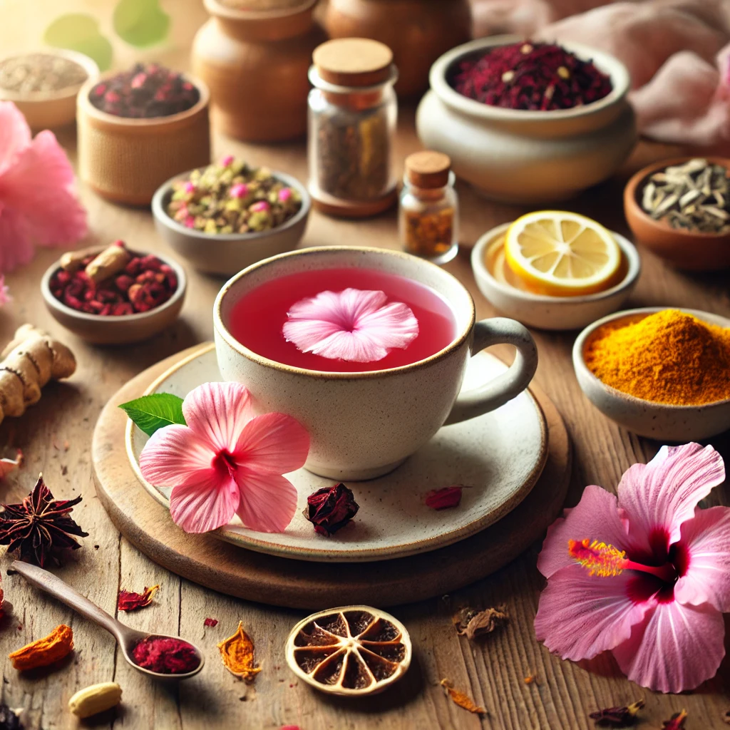 DALL·E 2025-04-05 08.42.04 - A steaming cup of herbal tea on a cozy wooden table, surrounded by natural ingredients like hibiscus flowers, turmeric root, rose petals, amla (Indian
